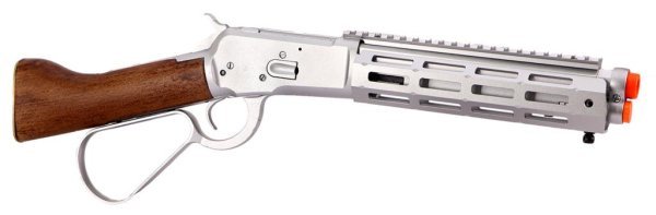 A&K GBBR M1873 WINCHESTER LEVER ACTION SHORT TYPE WITH M-LOCK RAIL AIRSOFT RIFLE WOOD & SILVER