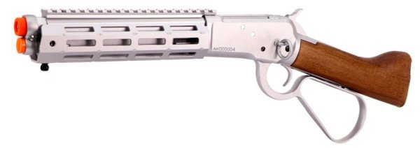 A&K GBBR M1873 WINCHESTER LEVER ACTION SHORT TYPE WITH M-LOCK RAIL AIRSOFT RIFLE WOOD & SILVER